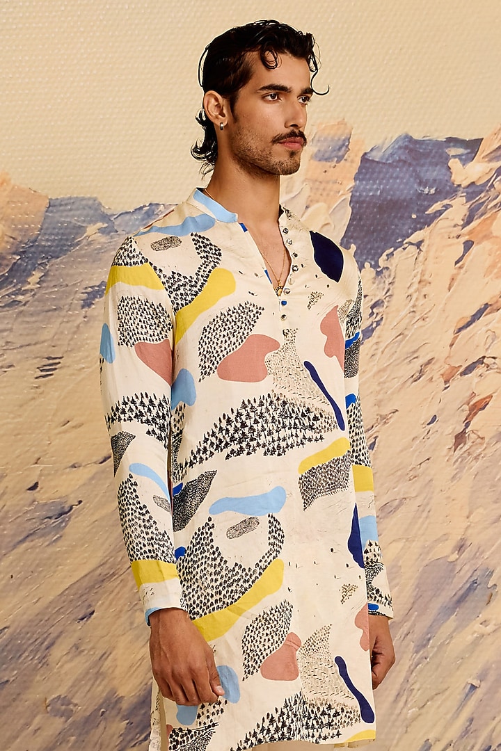 Multi-Colored Linen Blend Printed Kurta Set by Shivan & Narresh Men at Pernia's Pop Up Shop