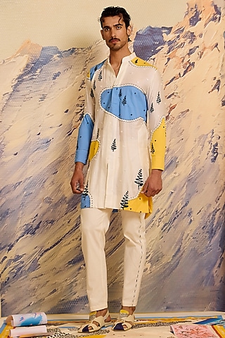 Multi-Colored Chanderi Silk Printed Kurta Set by Shivan & Narresh Men
