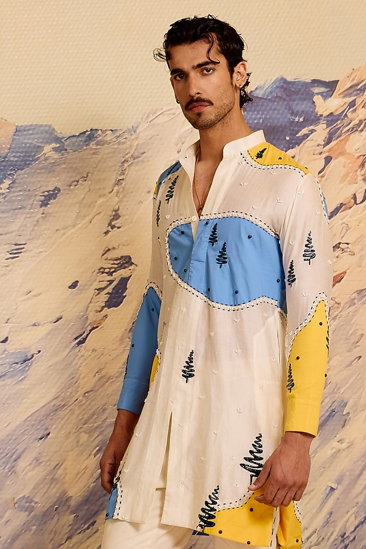 Multi-Colored Chanderi Silk Printed Kurta Set by Shivan & Narresh Men at Pernia's Pop Up Shop