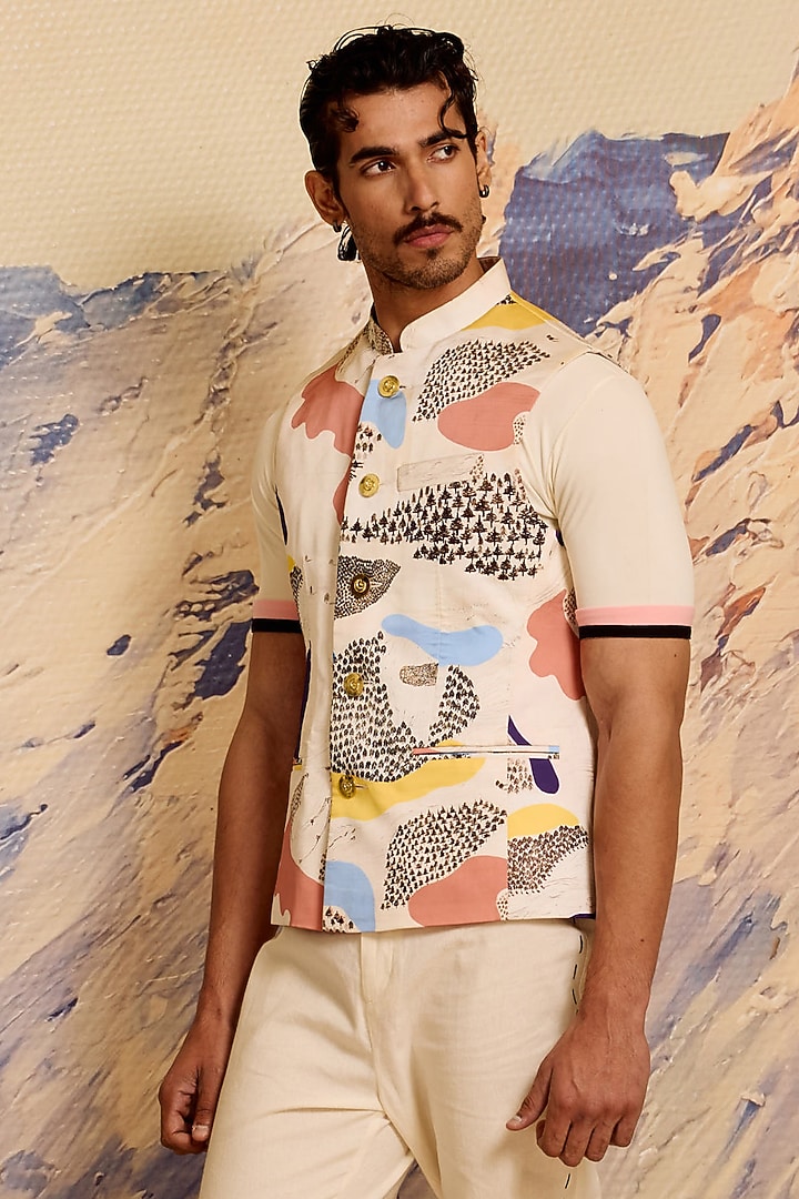Multi-Colored Polyester Satin Printed Bundi Jacket by Shivan & Narresh Men at Pernia's Pop Up Shop