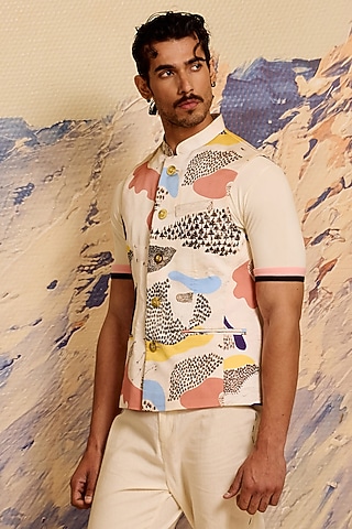 Multi-Colored Polyester Satin Printed Bundi Jacket by Shivan & Narresh Men