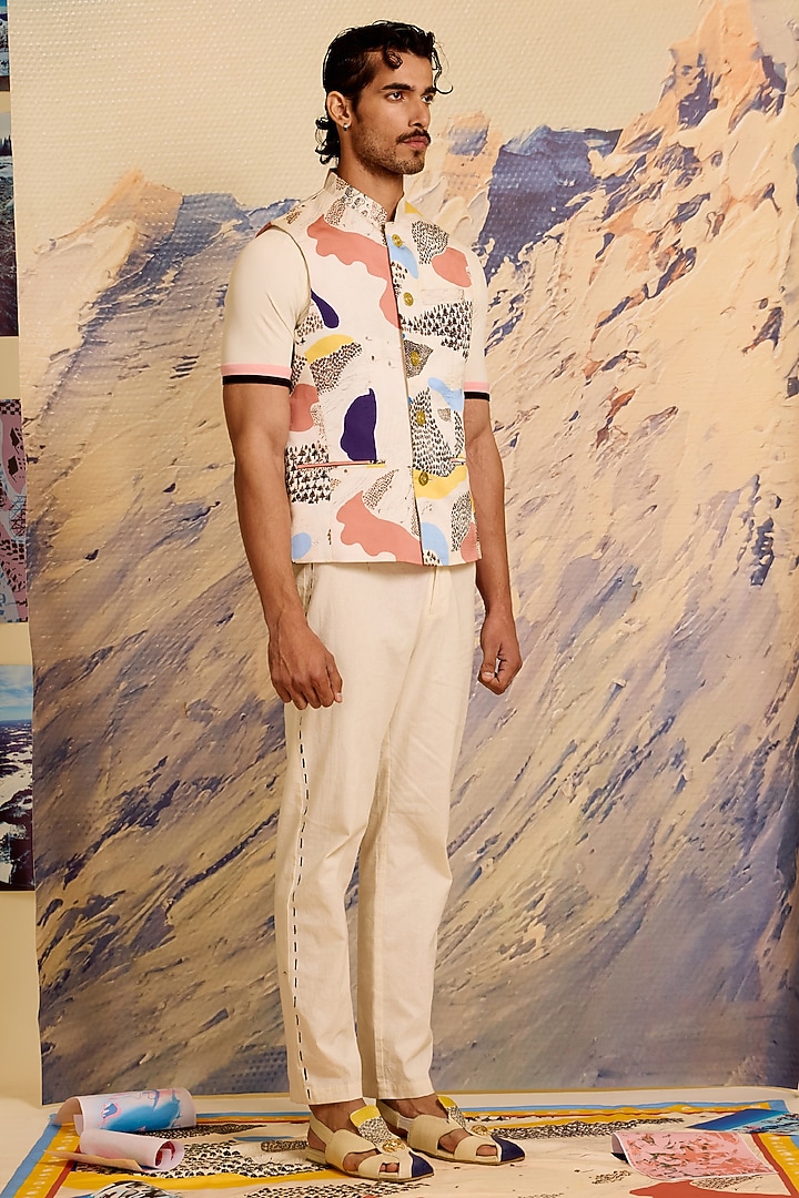 Multi-Colored Polyester Satin Printed Bundi Jacket by Shivan & Narresh Men at Pernia's Pop Up Shop
