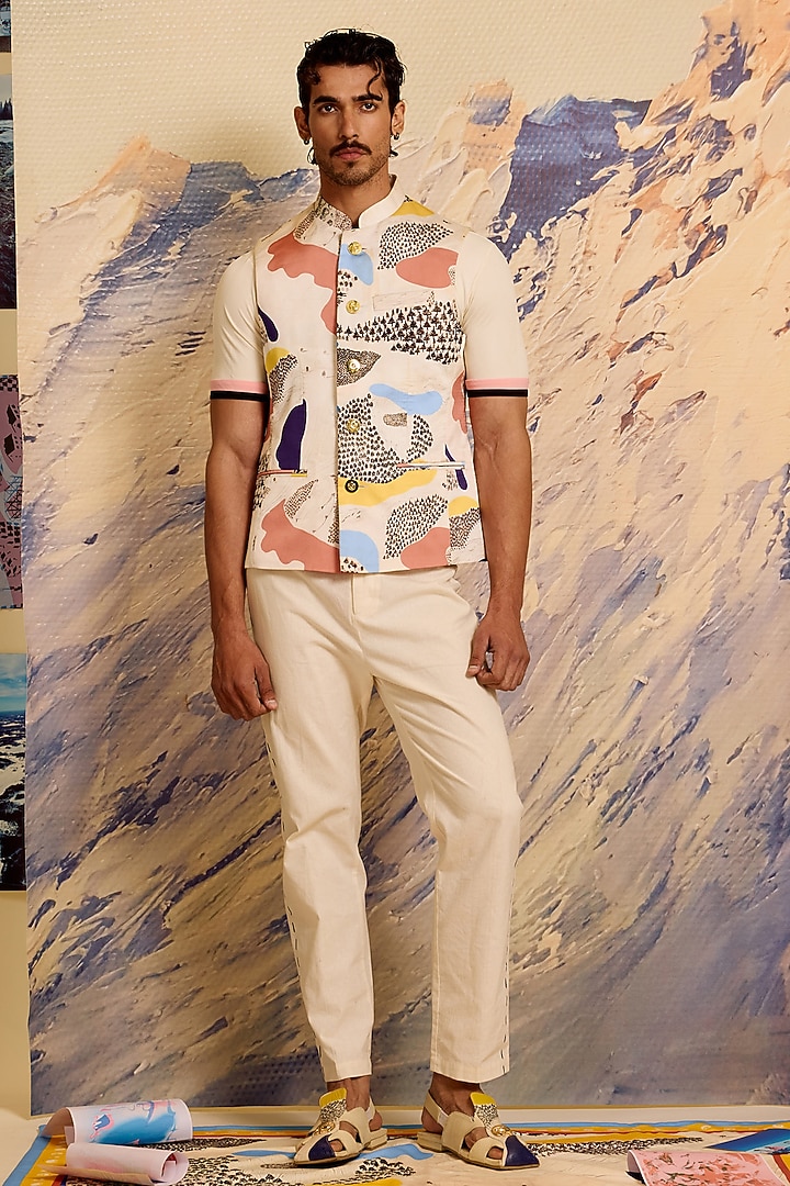 Multi-Colored Polyester Satin Printed Bundi Jacket by Shivan & Narresh Men at Pernia's Pop Up Shop