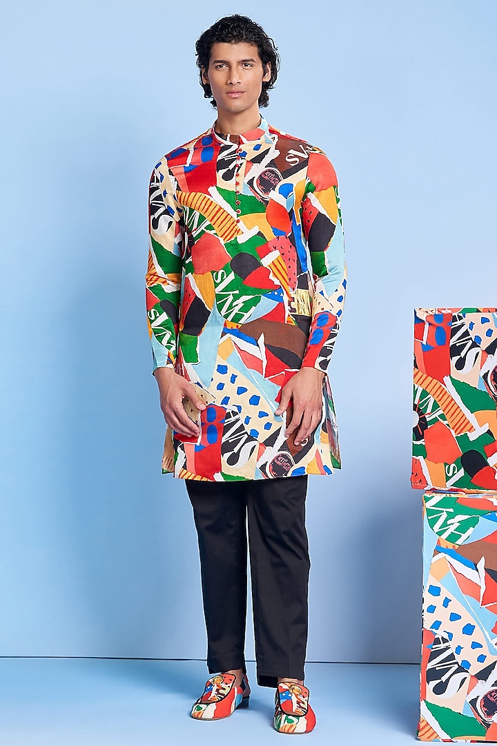 Multi-Colored Viscose Linen & Polyester Satin Kurta Set by Shivan & Narresh Men