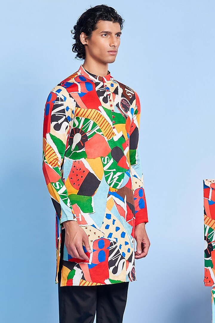 Multi-Colored Viscose Linen & Polyester Satin Kurta Set by Shivan & Narresh Men at Pernia's Pop Up Shop