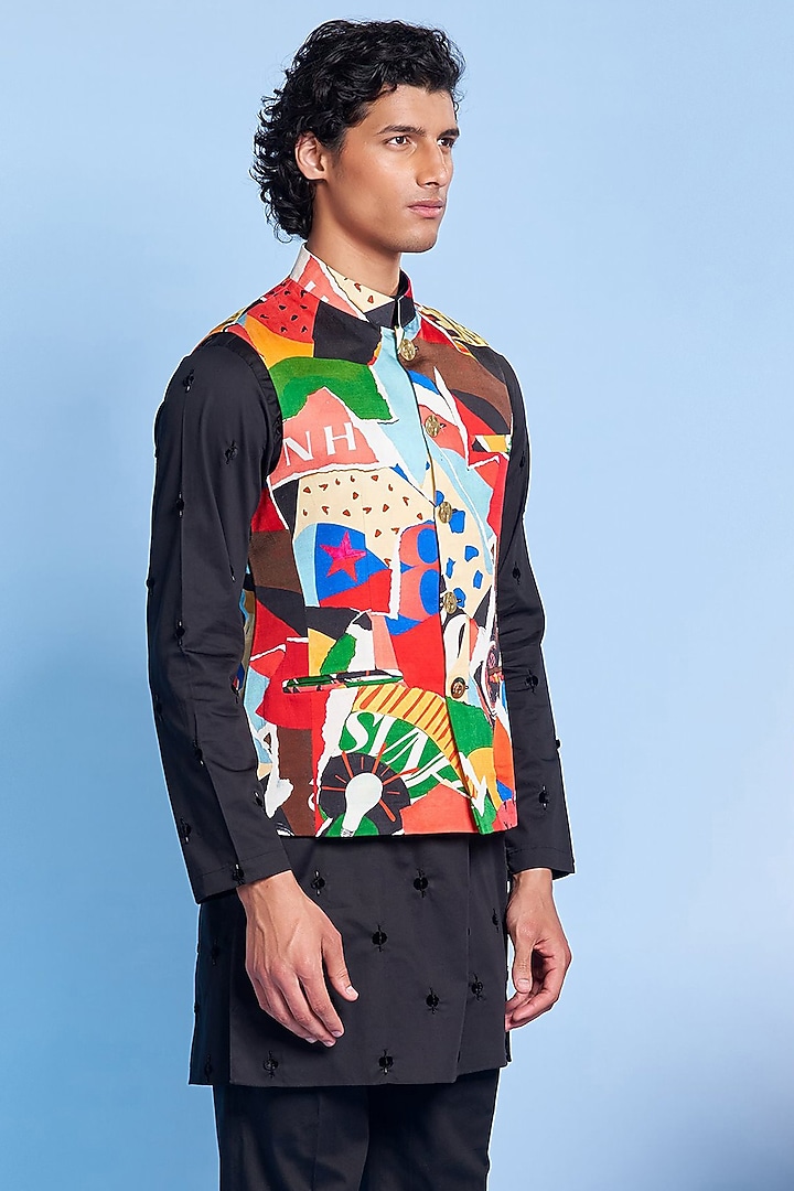 Multi-Colored Polyester Satin Printed Nehru Jacket by Shivan & Narresh Men at Pernia's Pop Up Shop