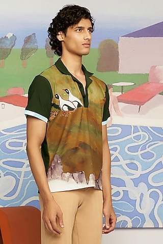 Green Knitted Polyester Jersey Polo T-Shirt by Shivan & Narresh Men