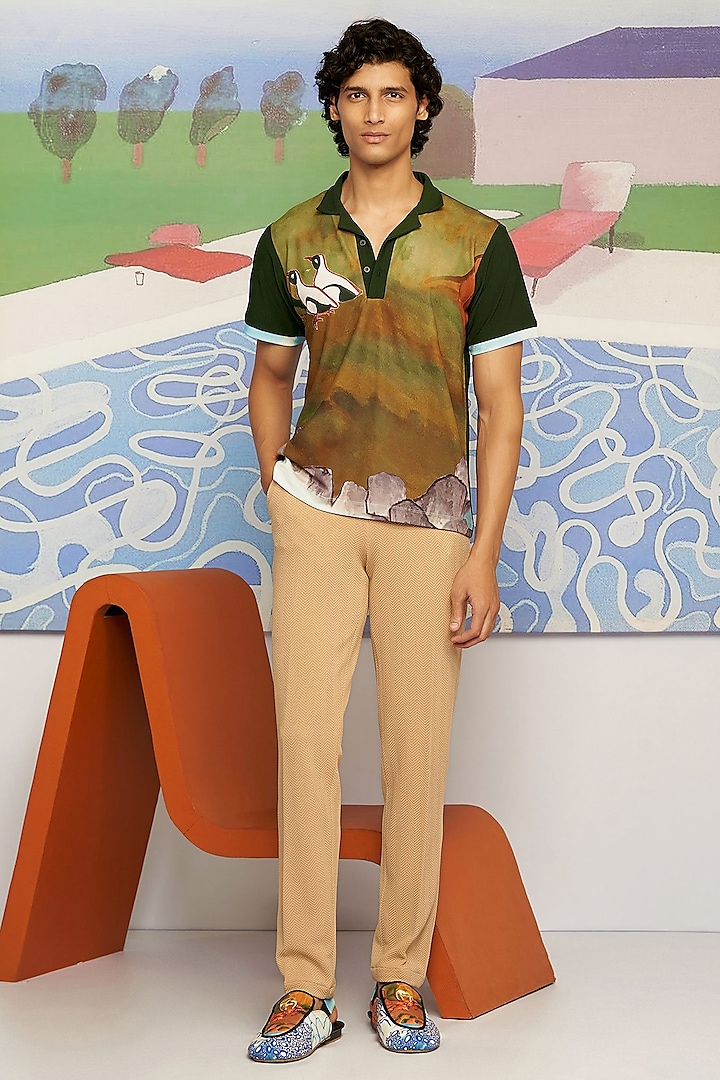 Green Knitted Polyester Jersey Polo T-Shirt by Shivan & Narresh Men at Pernia's Pop Up Shop