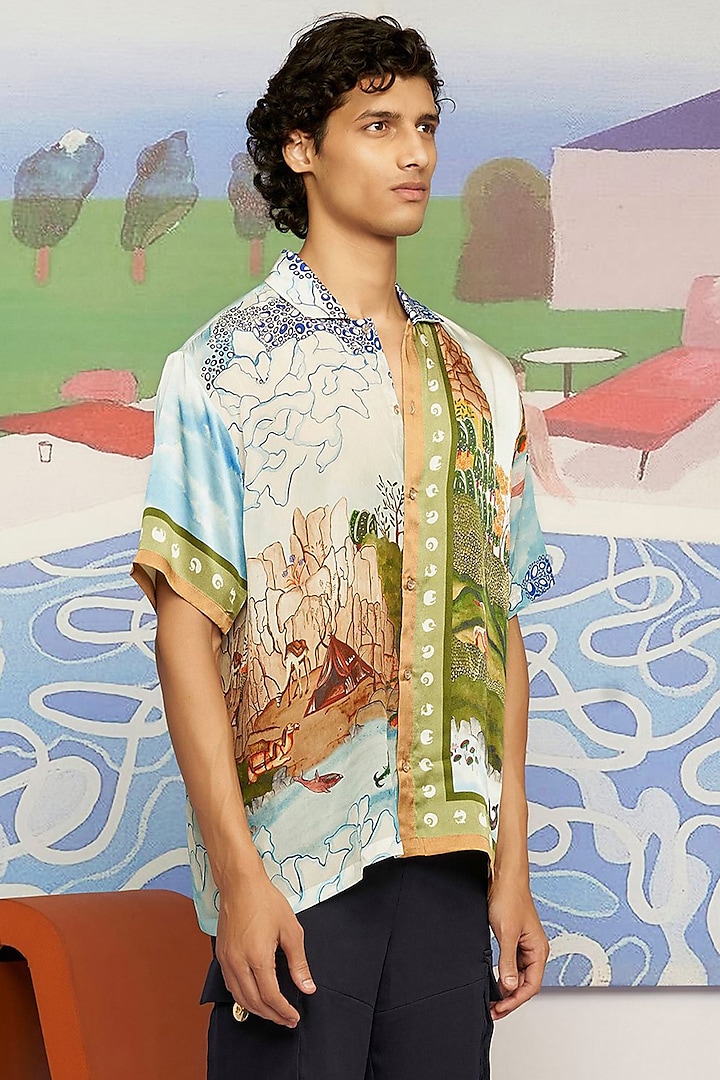 Multi-Colored Silk Satin Printed Asymmetric Shirt by Shivan & Narresh Men