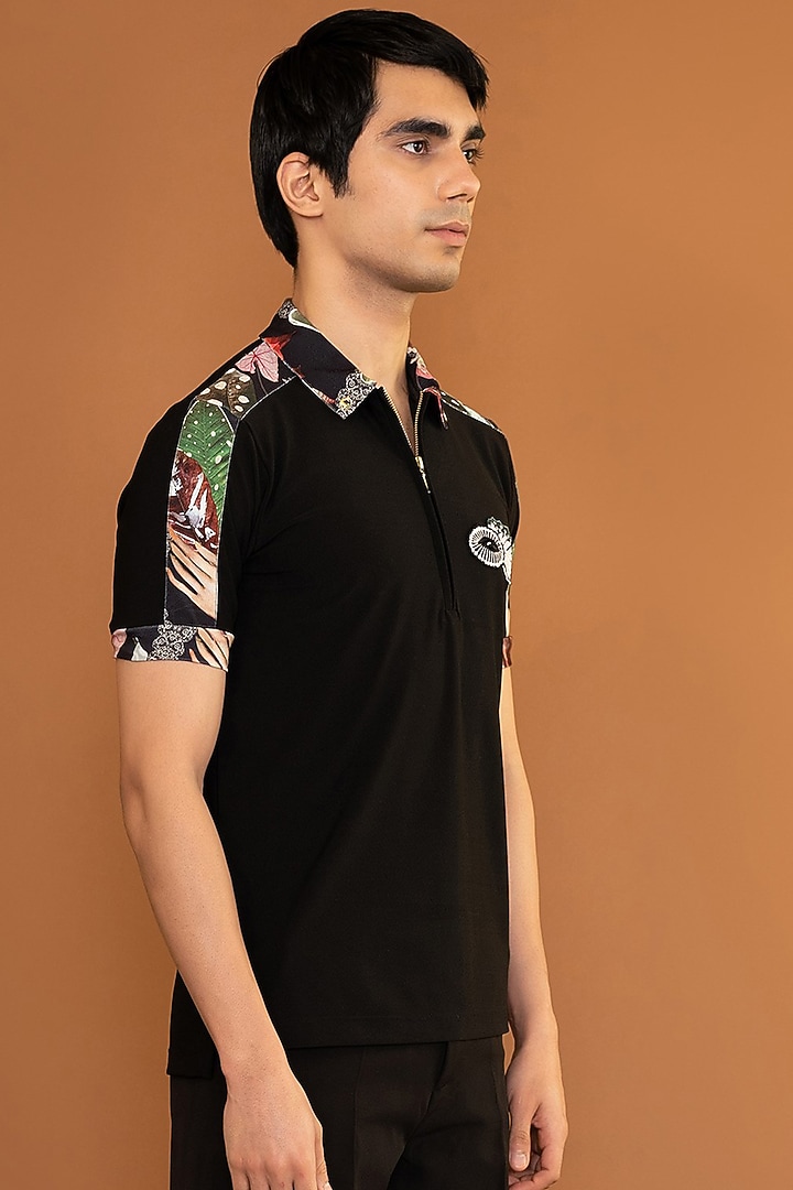 Black Printed Polo T-Shirt by Shivan & Narresh Men at Pernia's Pop Up Shop