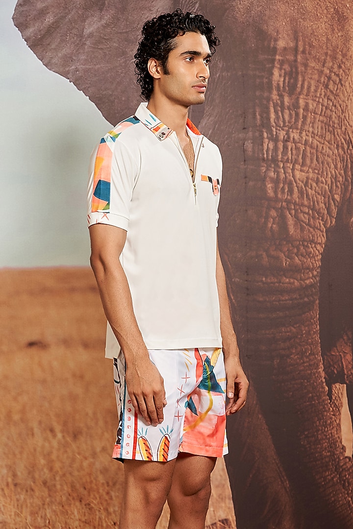 Ivory Knitted Polyester Jersey Printed Polo T-Shirt by Shivan & Narresh Men