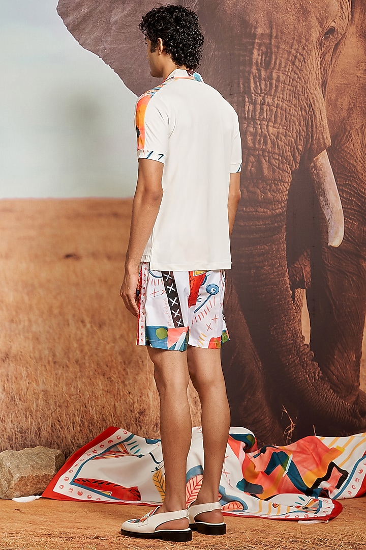 Ivory Knitted Polyester Jersey Printed Polo T-Shirt by Shivan & Narresh Men at Pernia's Pop Up Shop