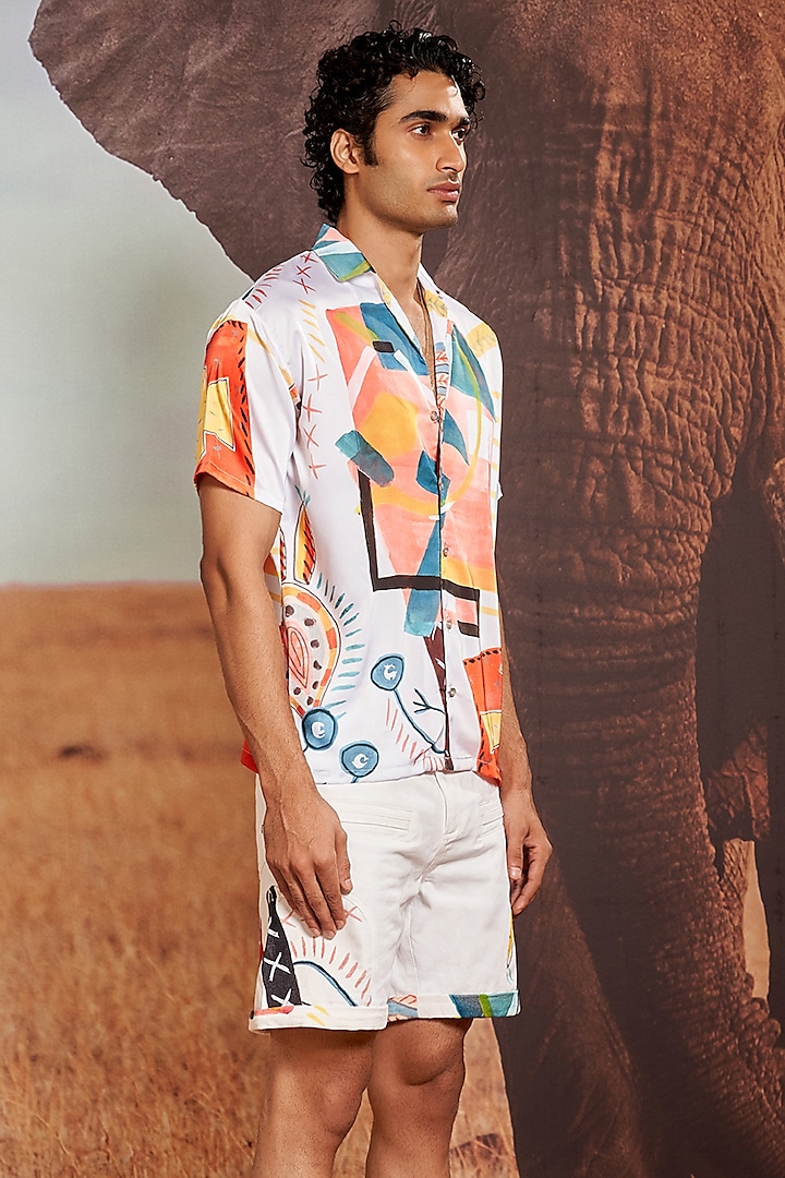 Ivory Satin Stretch Printed Resort Shirt by Shivan & Narresh Men