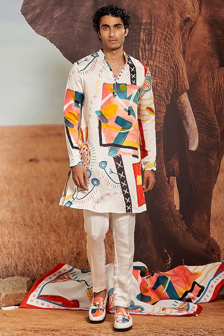 Multi-Colored Linen Blend Printed Kurta Set by Shivan & Narresh Men