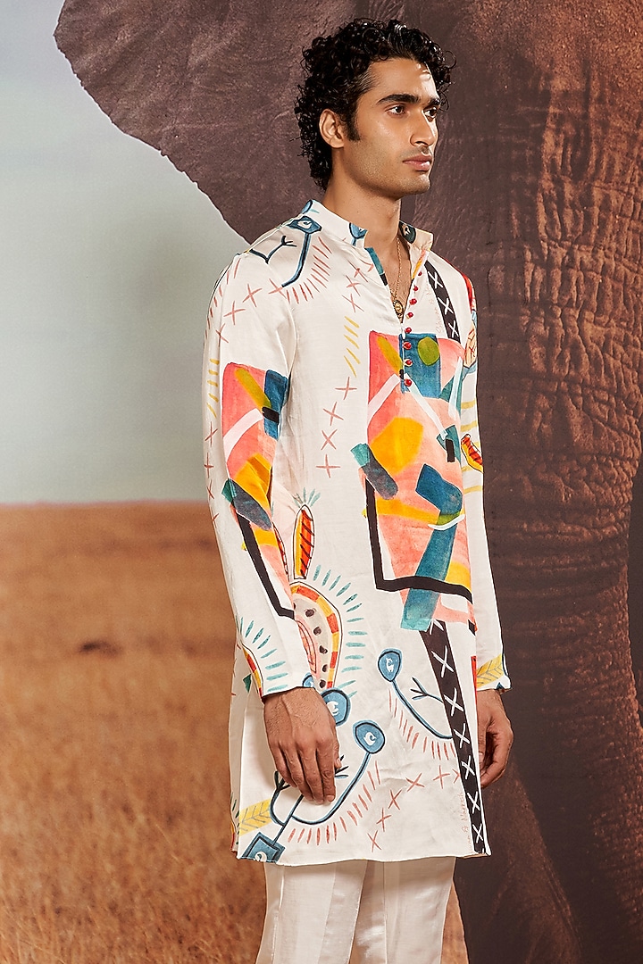 Multi-Colored Linen Blend Printed Kurta Set by Shivan & Narresh Men at Pernia's Pop Up Shop