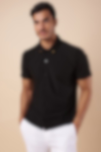 Black Knitted Polyester Jersey Polo T-Shirt by Shivan & Narresh Men