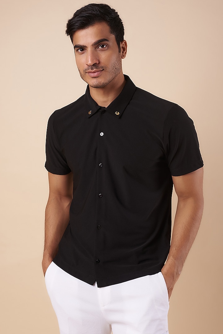 Black Knitted Polyester Jersey Polo T-Shirt by Shivan & Narresh Men
