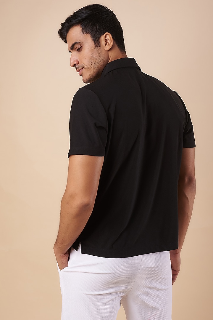 Black Knitted Polyester Jersey Polo T-Shirt by Shivan & Narresh Men at Pernia's Pop Up Shop