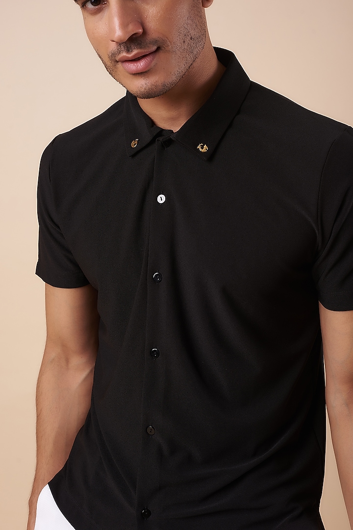 Black Knitted Polyester Jersey Polo T-Shirt by Shivan & Narresh Men at Pernia's Pop Up Shop