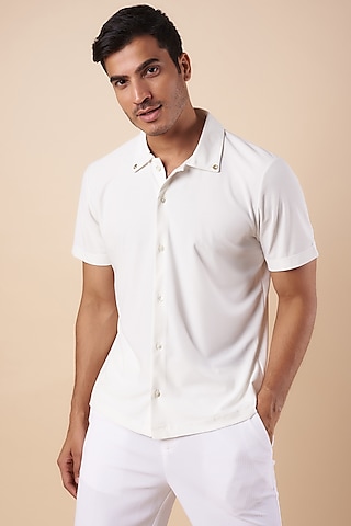 White Knitted Polyester Jersey Polo T-Shirt by Shivan & Narresh Men