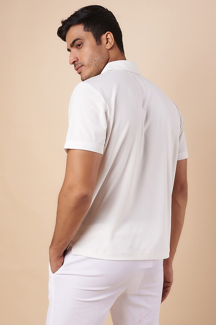 White Knitted Polyester Jersey Polo T-Shirt by Shivan & Narresh Men at Pernia's Pop Up Shop