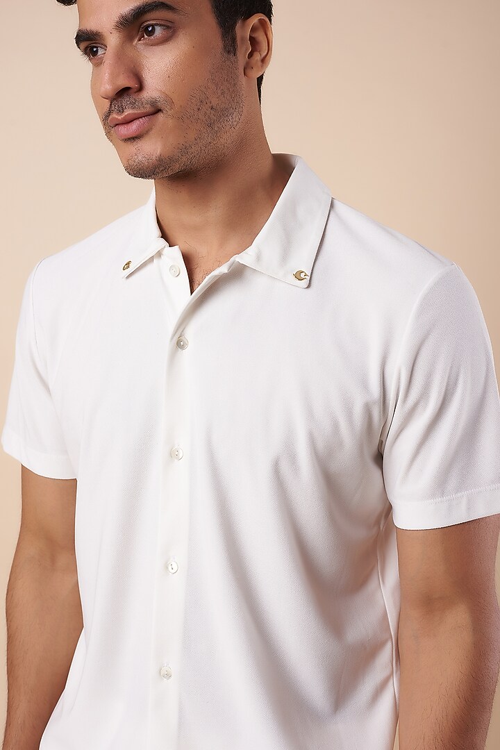 White Knitted Polyester Jersey Polo T-Shirt by Shivan & Narresh Men at Pernia's Pop Up Shop