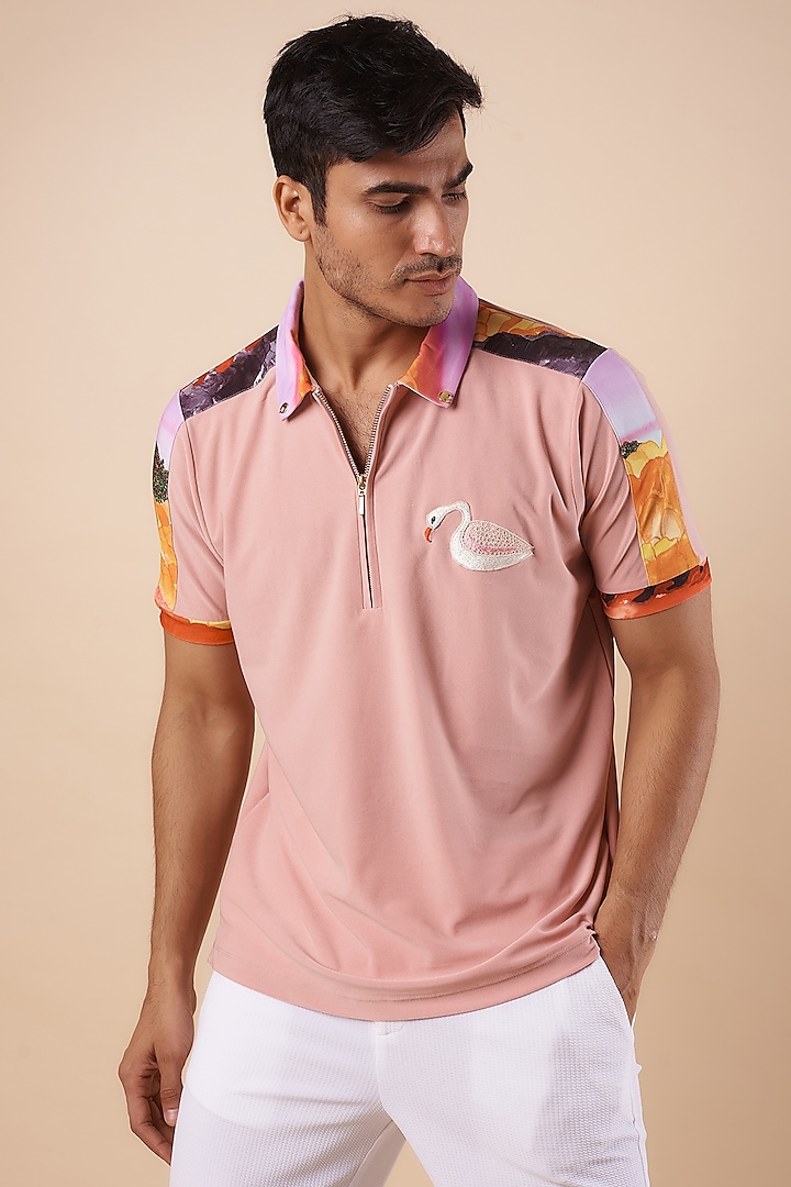 Dusty Pink Polyester Jersey Printed Polo T-Shirt by Shivan & Narresh Men