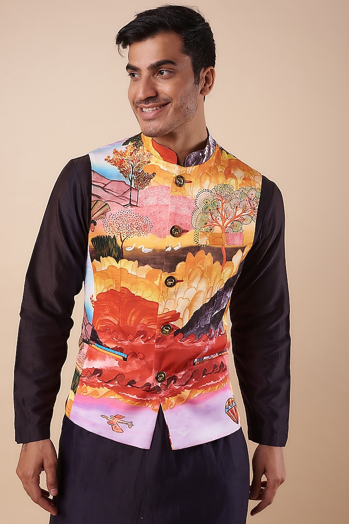 Multi-Colored Fused Polyester Satin Printed Bundi Jacket by Shivan & Narresh Men