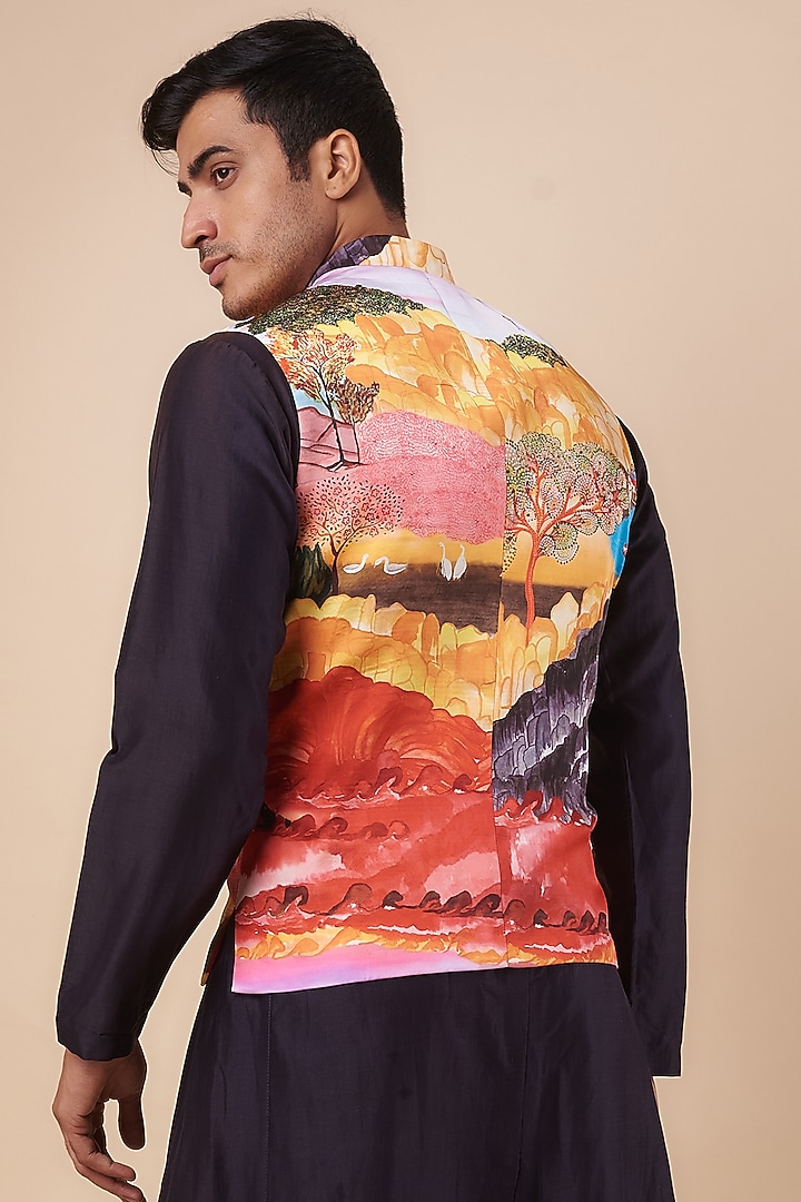 Multi-Colored Fused Polyester Satin Printed Bundi Jacket by Shivan & Narresh Men at Pernia's Pop Up Shop