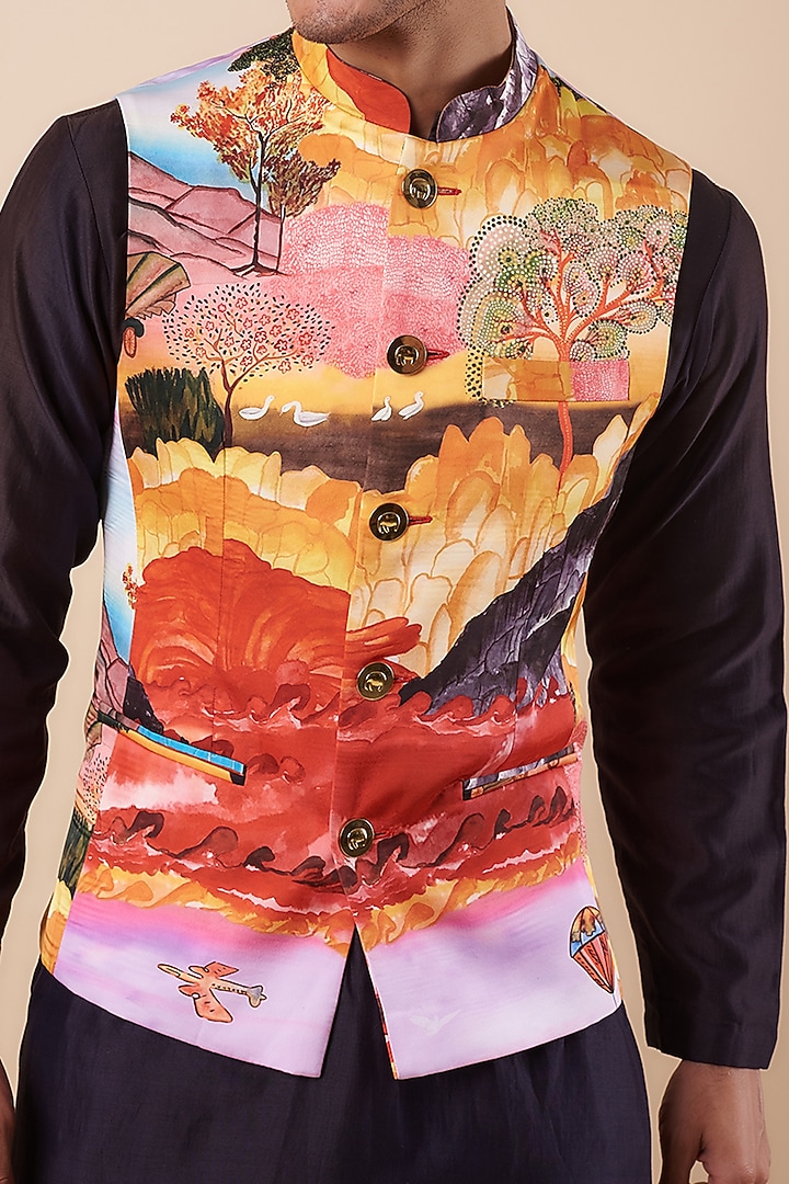 Multi-Colored Fused Polyester Satin Printed Bundi Jacket by Shivan & Narresh Men at Pernia's Pop Up Shop