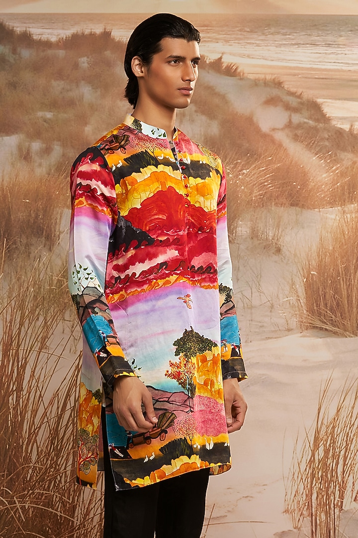Multi-Colored Linen Blend Printed Kurta Set by Shivan & Narresh Men at Pernia's Pop Up Shop