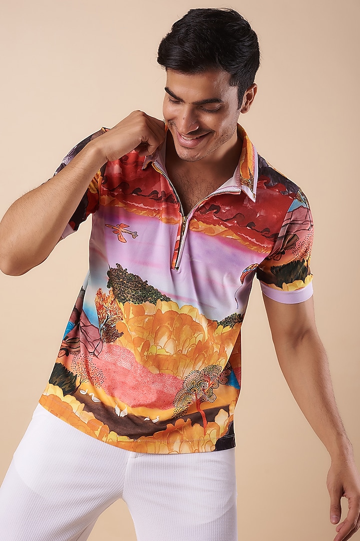 Multi-Colored Knitted Polyester Jersey Printed Polo T-Shirt by Shivan & Narresh Men