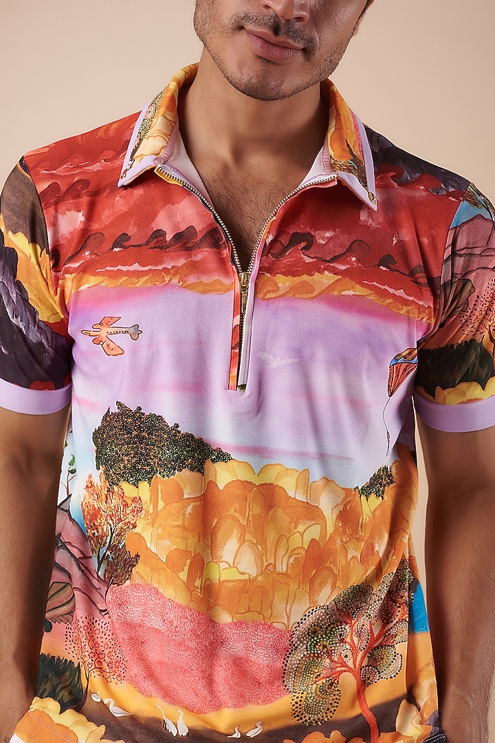 Multi-Colored Knitted Polyester Jersey Printed Polo T-Shirt by Shivan & Narresh Men at Pernia's Pop Up Shop