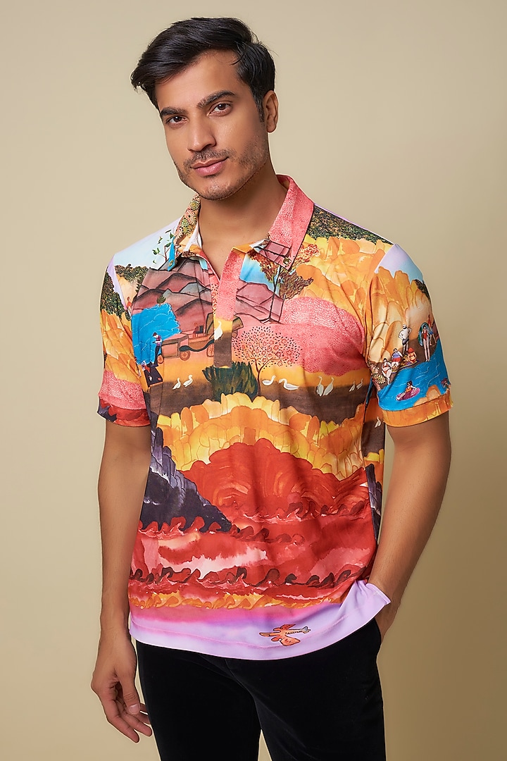 Multi-Colored Knitted Polyester Jersey Printed Polo T-Shirt by Shivan & Narresh Men