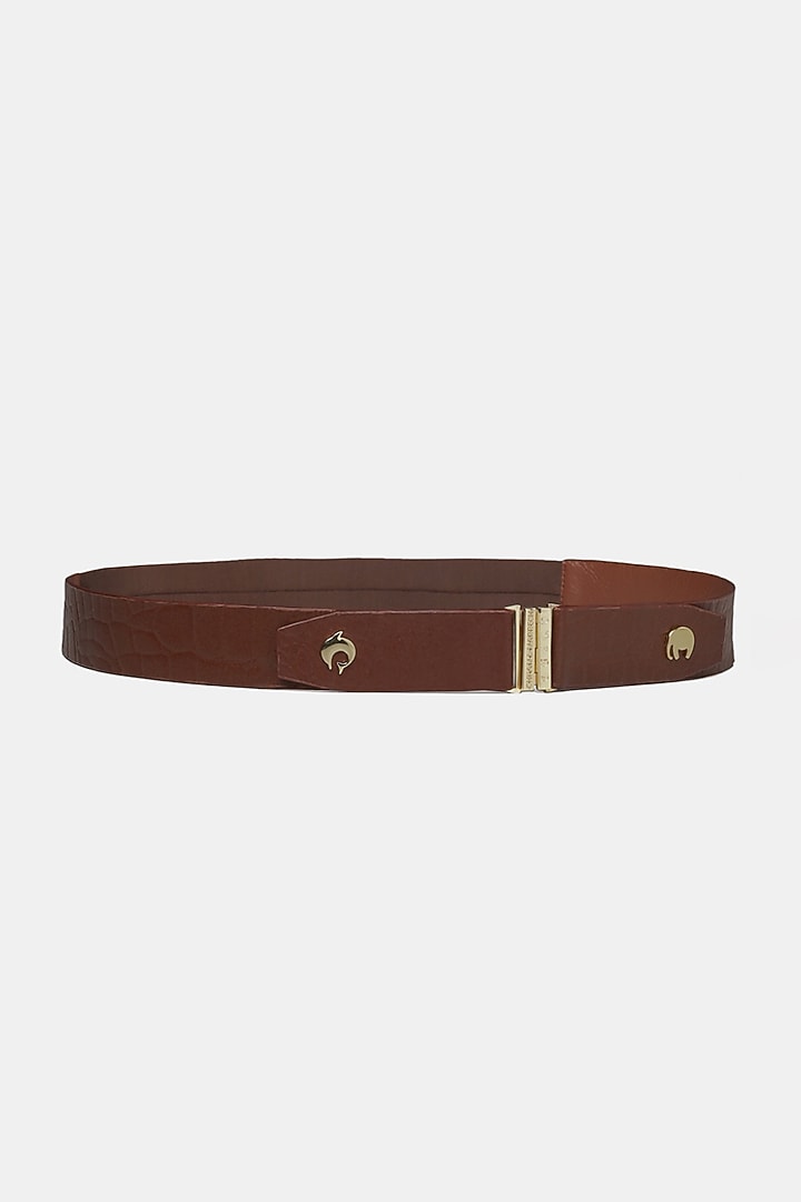 Tan Crocodile Finish Faux Leather Belt by Shivan & Narresh Men at Pernia's Pop Up Shop