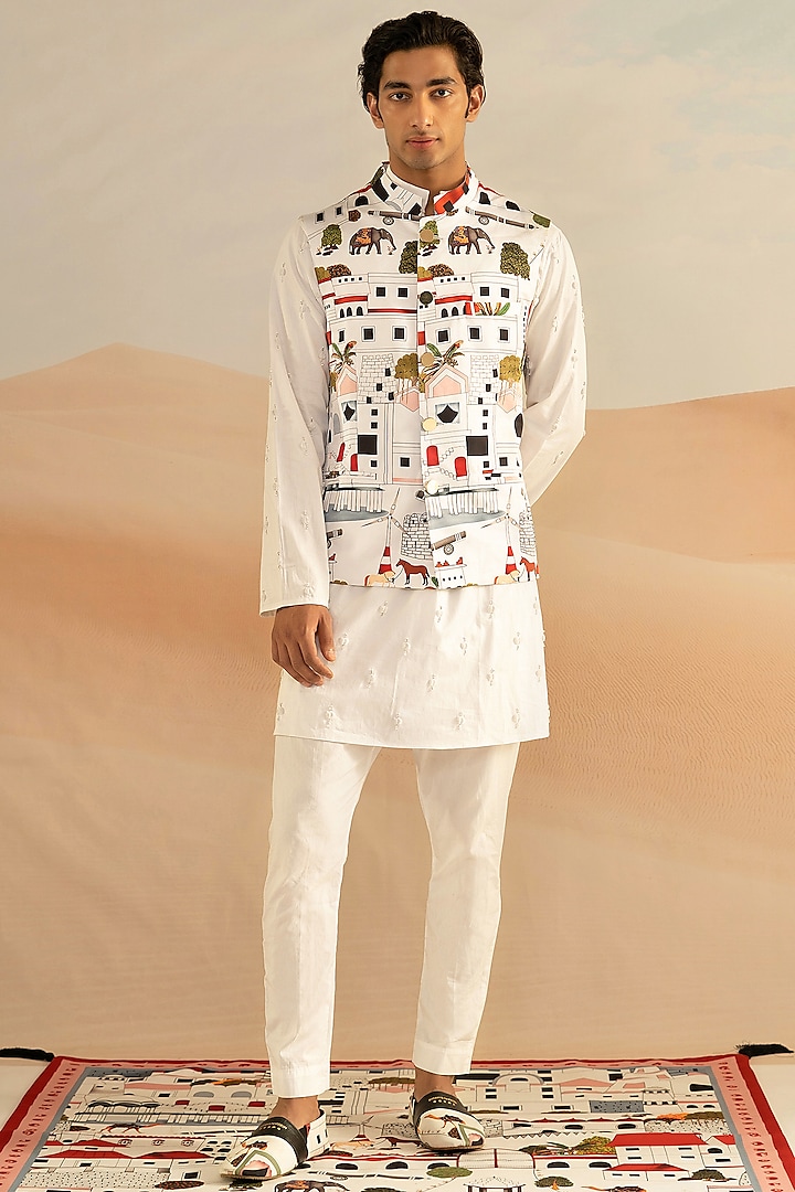 White Printed Bundi Jacket by Shivan & Narresh Men
