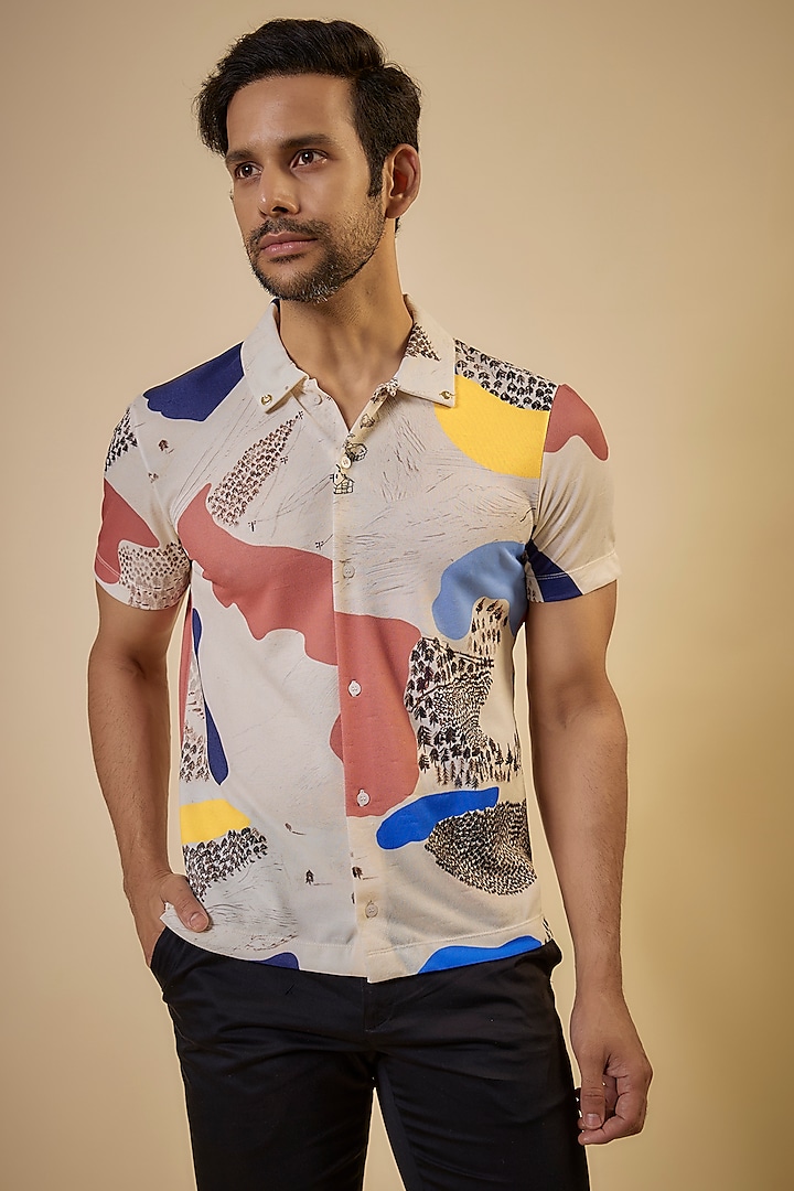 Multi-Colored Knitted Polyester Jersey Polo Shirt by Shivan & Narresh Men