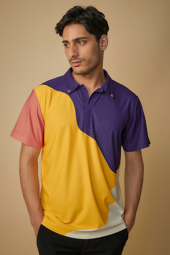 Multi-Colored Knitted Polyester Jersey Printed Polo T-Shirt by Shivan & Narresh Men at Pernia's Pop Up Shop