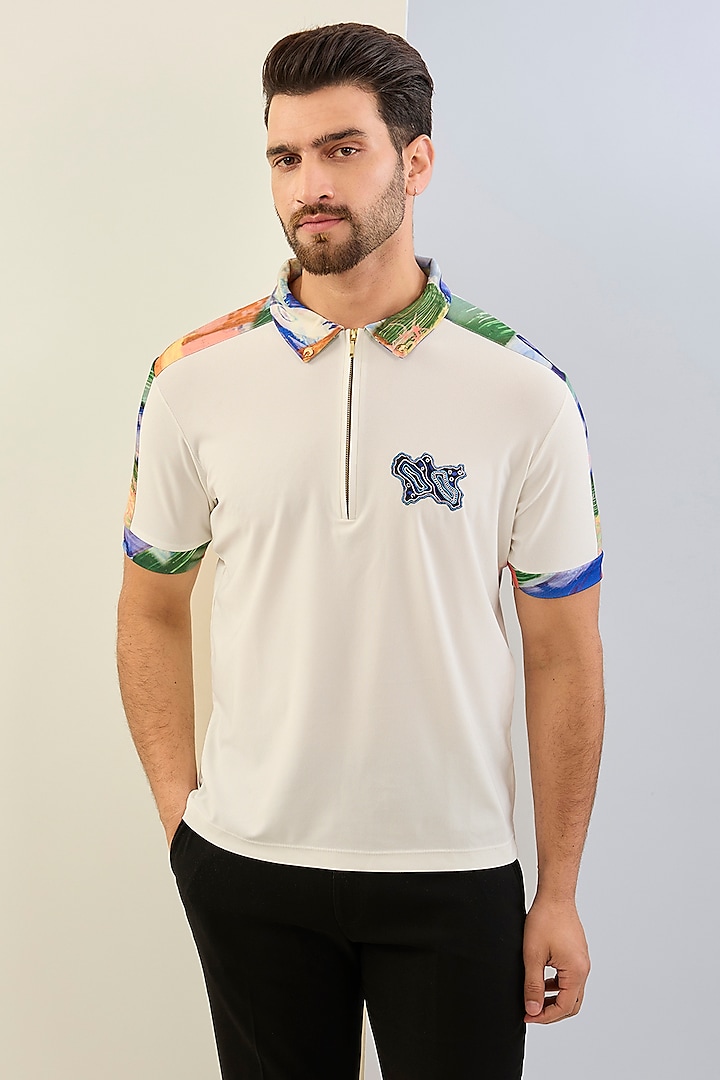 Ivory & Foxfires Knitted Polyester Jersey Printed Zipper Polo Shirt by Shivan & Narresh Men at Pernia's Pop Up Shop