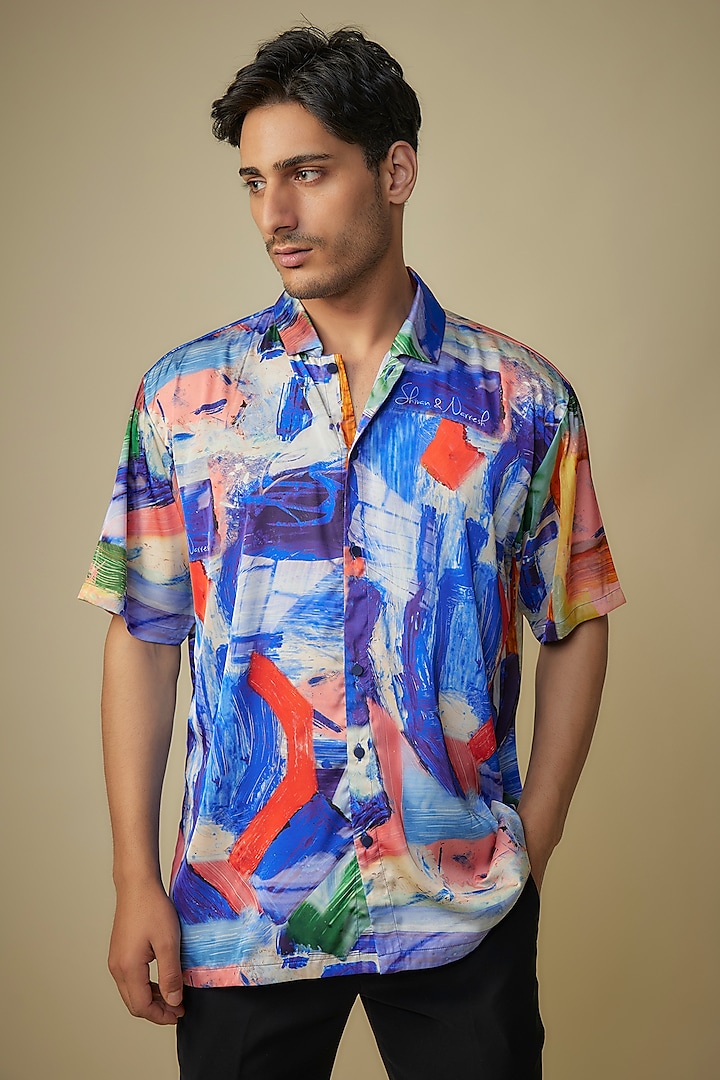 Foxfire Colored Silk Lycra & Satin Printed Shirt by Shivan & Narresh Men at Pernia's Pop Up Shop