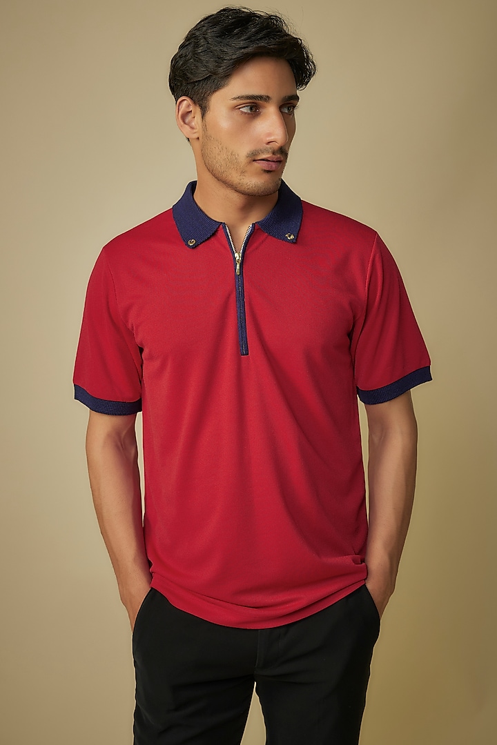 Coccinella Red Knitted Polyester Jersey Printed Polo T-Shirt by Shivan & Narresh Men at Pernia's Pop Up Shop