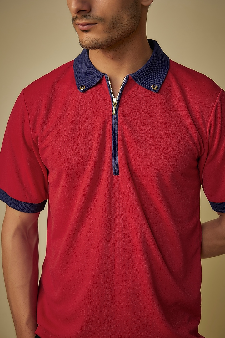 Coccinella Red Knitted Polyester Jersey Printed Polo T-Shirt by Shivan & Narresh Men at Pernia's Pop Up Shop