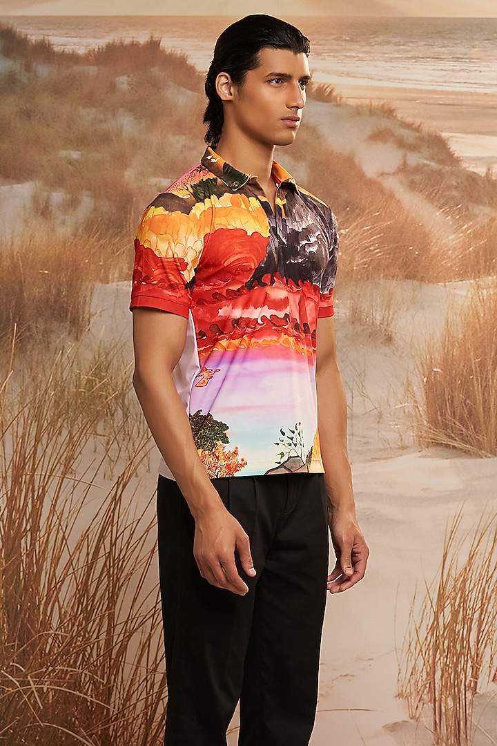 Multi-Colored Knitted Polyester Jersey Printed Polo T-Shirt by Shivan & Narresh Men