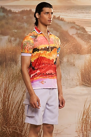 Multi-Colored Knitted Polyester Jersey Printed Polo T-Shirt by Shivan & Narresh Men