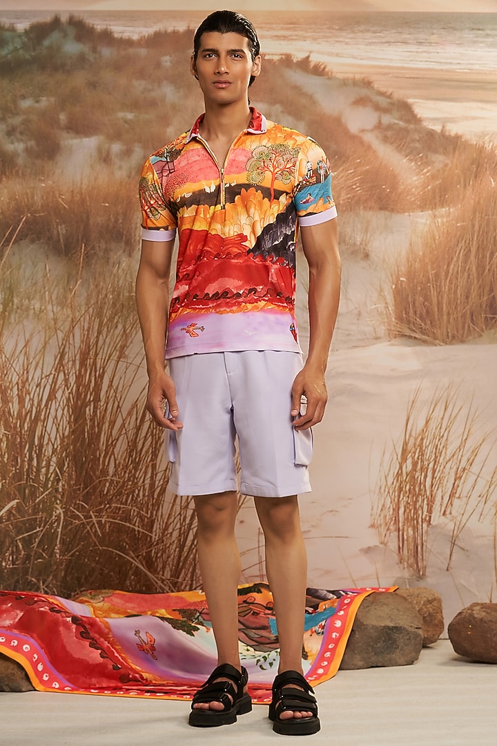 Multi-Colored Knitted Polyester Jersey Printed Polo T-Shirt by Shivan & Narresh Men at Pernia's Pop Up Shop