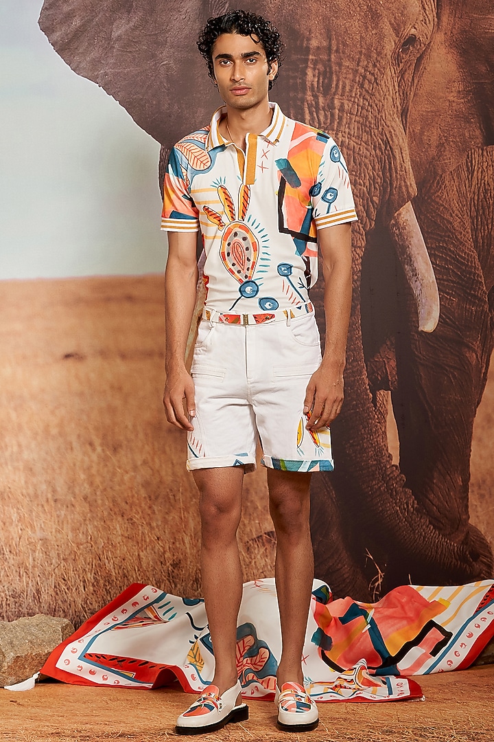 Ivory Knitted Polyester Jersey Printed Polo T-Shirt by Shivan & Narresh Men at Pernia's Pop Up Shop