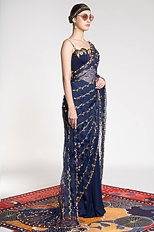 Sapphire Blue Embroidered & Printed Saree by Shivan & Narresh-BRALETTE BLOUSES