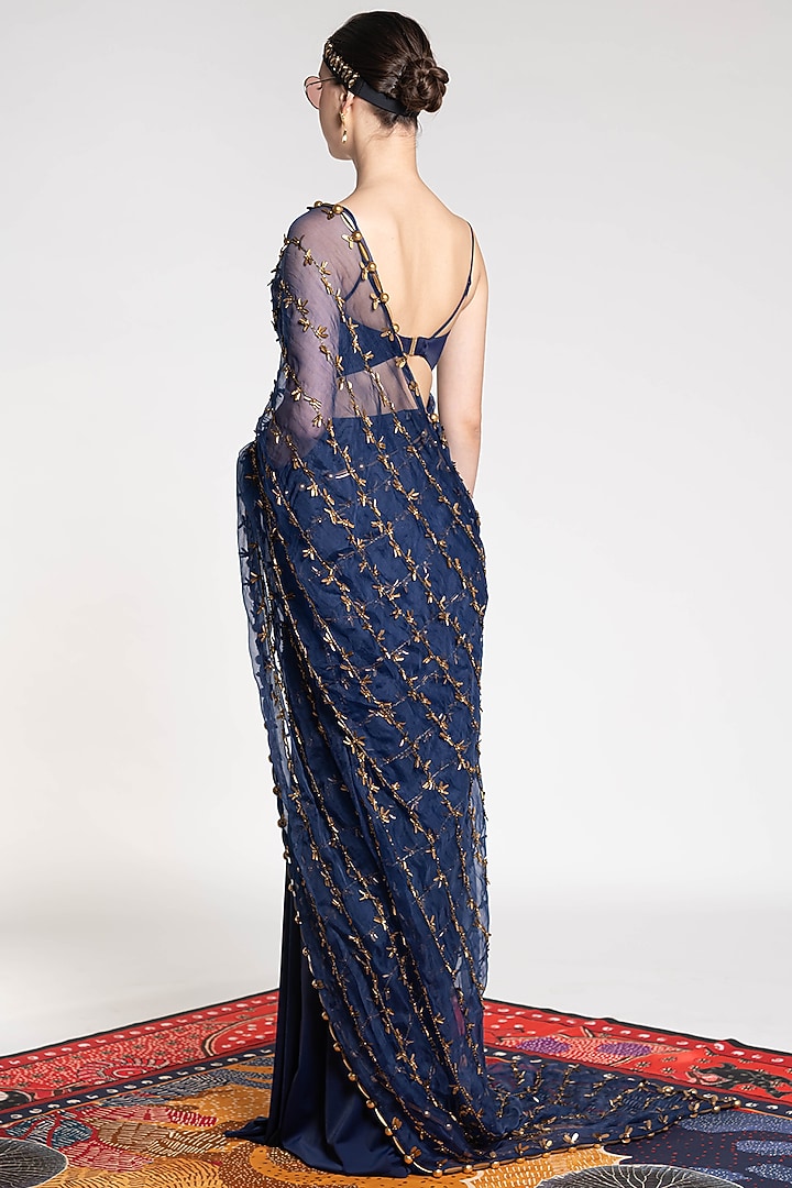 Sapphire Blue Embroidered & Printed Reception Saree by Shivan & Narresh at Pernia's Pop Up Shop