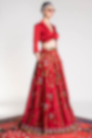 Red Printed & Embroidered Lehenga by Shivan & Narresh at Pernia's Pop Up Shop