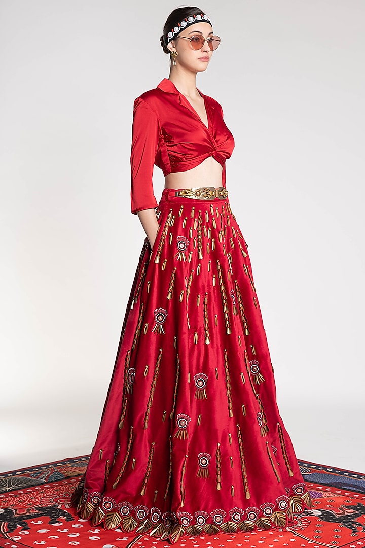 Red Printed & Embroidered Lehenga by Shivan & Narresh